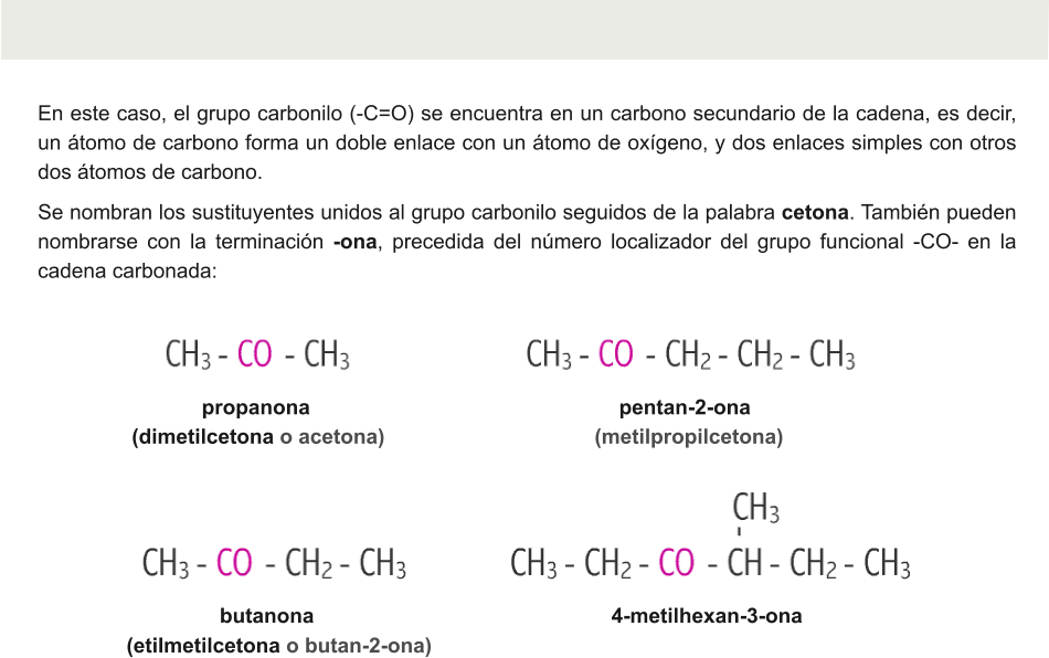 En este caso, el grupo carbonilo (-C=O) se encuentra en un carbono secundario de la cadena, es decir, un átomo de carbono forma un doble enlace con un átomo de oxígeno, y dos enlaces simples con otros dos átomos de carbono. Se nombran los sustituyentes unidos al grupo carbonilo seguidos de la palabra cetona. También pueden nombrarse con la terminación -ona, precedida del número localizador del grupo funcional -CO- en la cadena carbonada:              propanona                                                     pentan-2-ona			                       (dimetilcetona o acetona)                                    (metilpropilcetona)                           butanona                                                   4-metilhexan-3-ona			                               (etilmetilcetona o butan-2-ona)